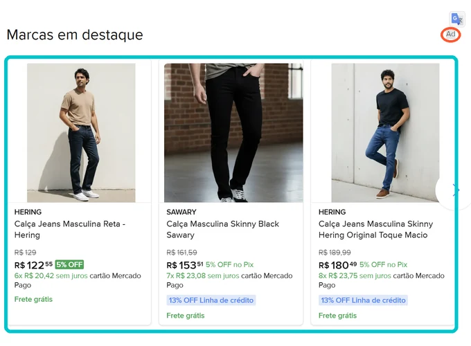 Carrossel “Marcas em destaque” dentro da página de um produto, com o selo Ad em destaque.
