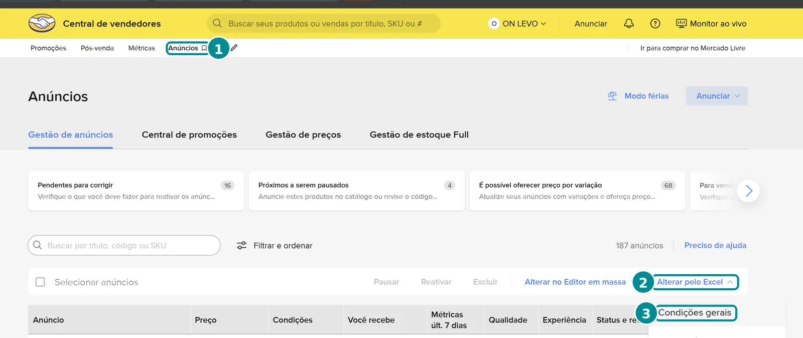 Tela Anúncios da Central de vendedores com três marcações: o menu Anúncios, o botão Alterar pelo Excel e a opção Condições gerais.