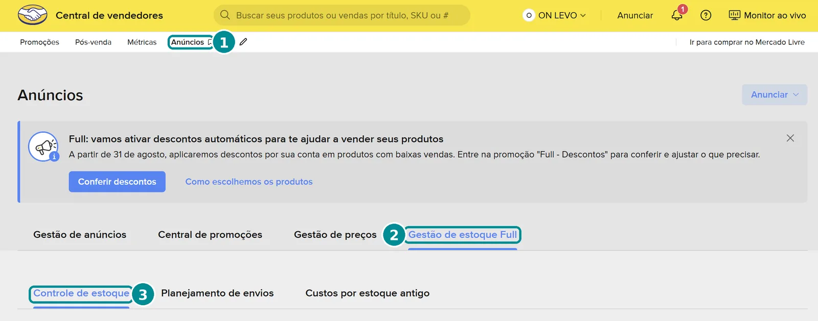 Tela 1: menu Anúncios, aba Gestão de estoque Full e sub-aba Controle de estoque marcados.