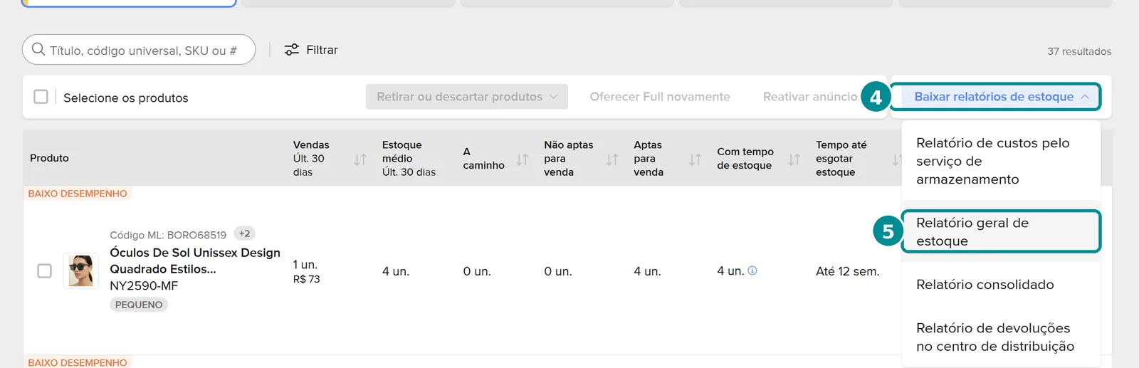 Tela 2: botão Baixar relatórios de estoque aberto, com a opção Relatório geral de estoque destacada.