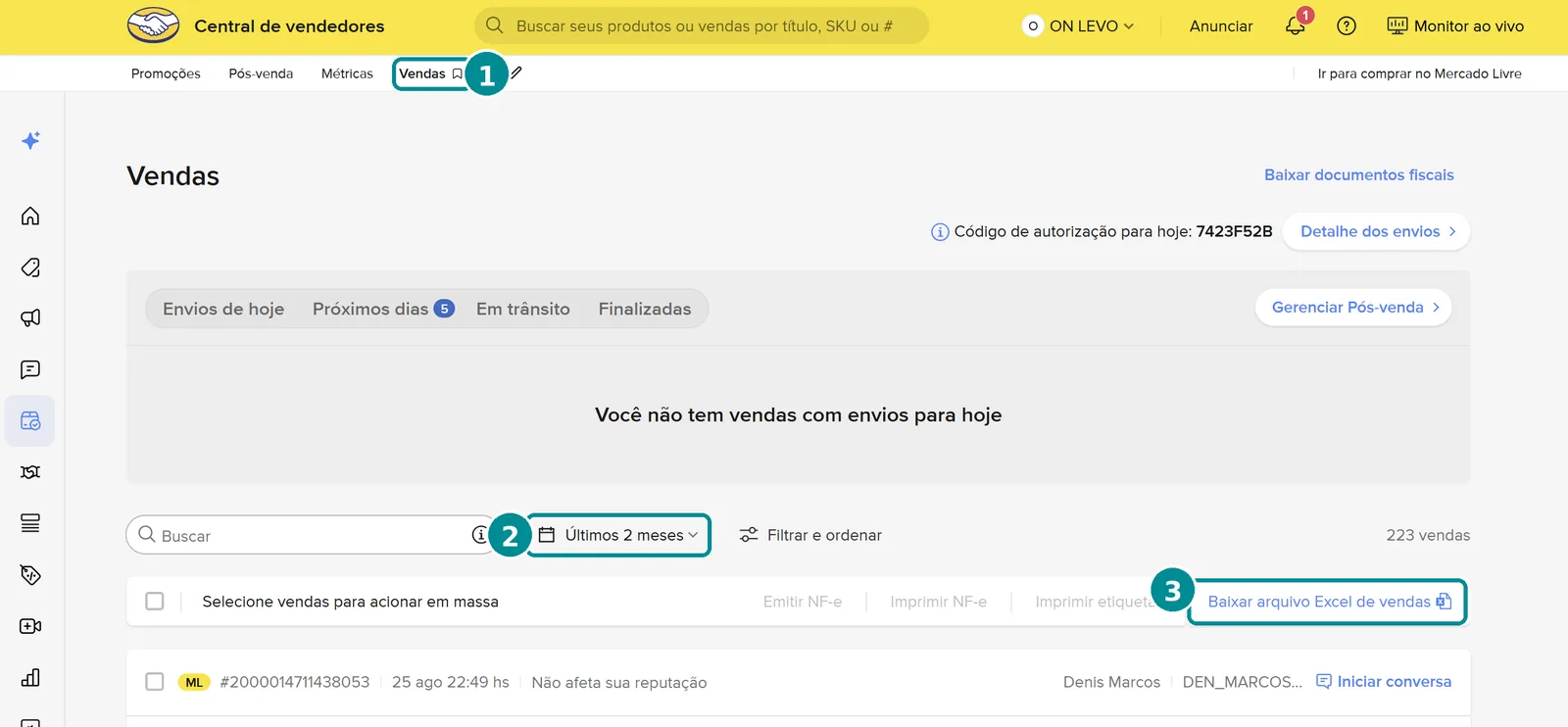 Tela Vendas da Central de vendedores com três marcações: o menu Vendas, o filtro Últimos 2 meses e o botão Baixar arquivo Excel de vendas.